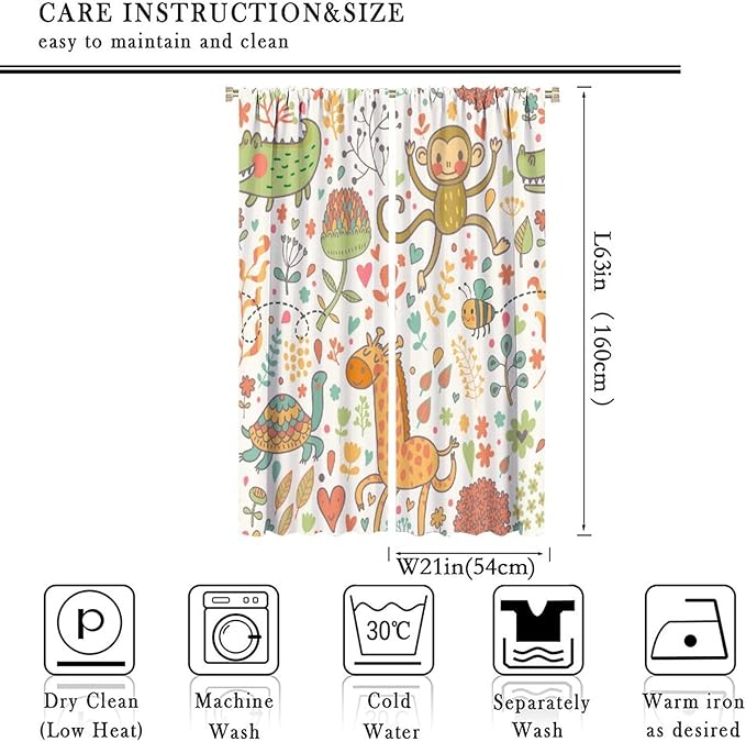 Cute Monkeys Curtains, Zoo Theme Cartoon Funny Animals Crocodile Giraffe Turtle with Flowers Print Thermal Insulation Window Drapes for Kids Boys Girls Baby Bedroom Living Room 42x63in
