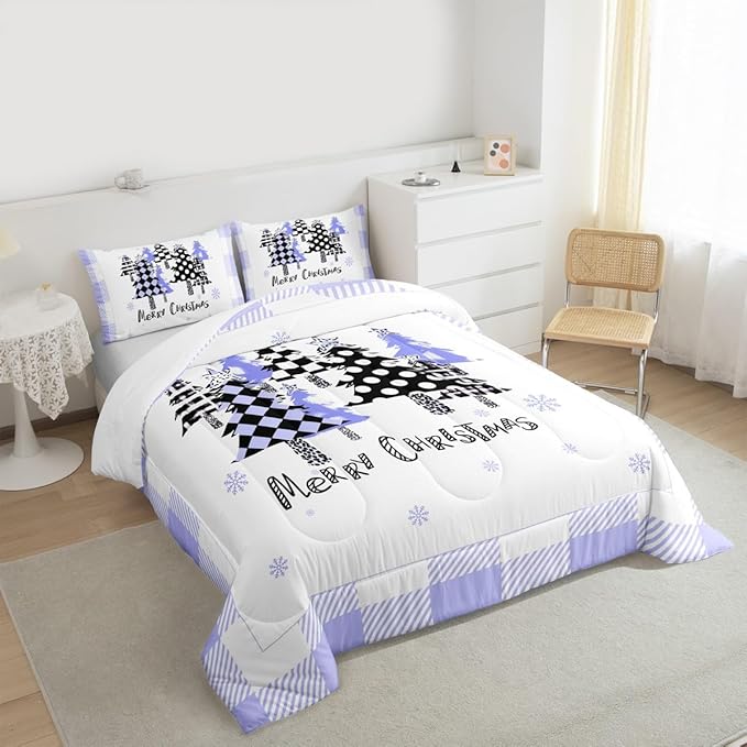 Manfei Xmas Trees Comforter Set King Size, Blue Plaid Grid Snowflake Bedding Set 3pcs for Kids Girls Boys Adults Room Decor, Christmas Theme Down Comforter New Year Quilt Set with 2 Pillowcases