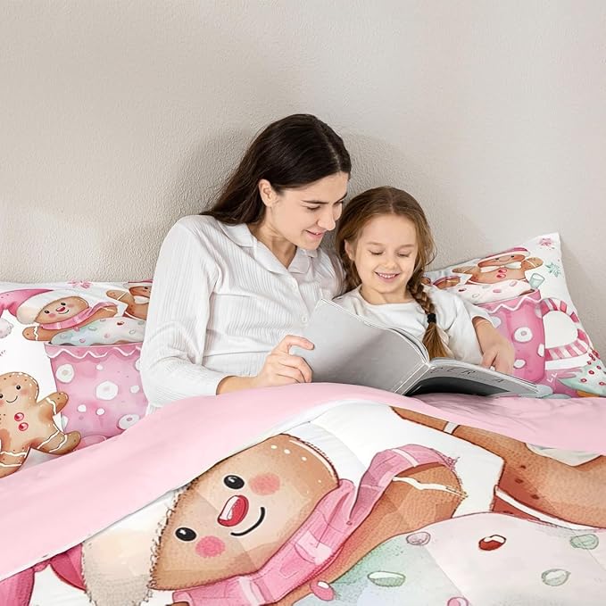 Feelyou Christmas Bedding Set Soft for Boys Girls, Pink Gingerbread Comforter Set Toddler Size Christmas Decor Duvet Quilt Microfiber Xmas Bedroom Decor 2 Pcs with 1 Pillow Cases