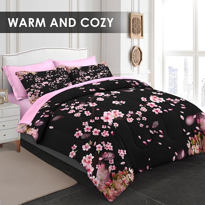 7 Pcs King Size Comforter Set with 2 Pillowcases & 2 Shams, Tree Flower Floral Bedding for Kids and Adults, Pink Cherry Blossom Bed in a Bag with Flat Fitted Sheet