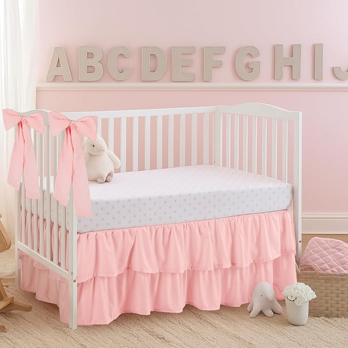 Pink Crib Bed Skirts with 4 Large Cot Bow 28" x 52" Baby Crib Skirt for Boys Girls Nursery Toddler Bed Skirt Dust Ruffle 14" Drop, Double Layer