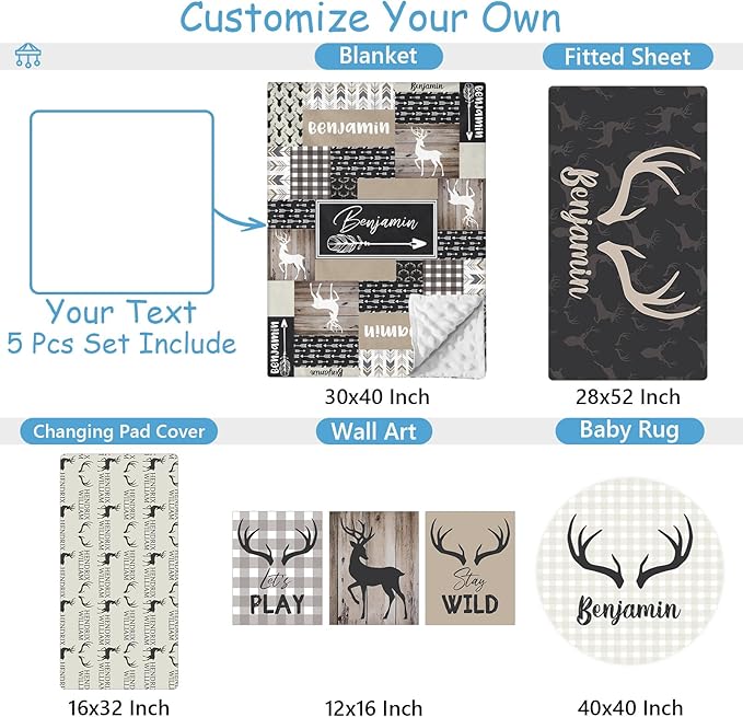 Custom Crib Bedding Set for Boys, 5 Pcs Personalized Woodland Deer Crib Set with Name, Double Layer Nursery Bedding Sets for Infant Toddlers Kids, Baby Blanket, Newborn Infant Customized Gift