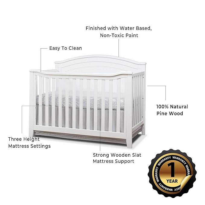 Sorelle Furniture Berkley Round Top Crib, Classic 4-in-1 Convertible Crib, Made of Wood, Non-Toxic Finish, Wooden Baby Bed, Toddler Bed, Child’s Daybed and Full-Size Bed, Nursery Furniture-White