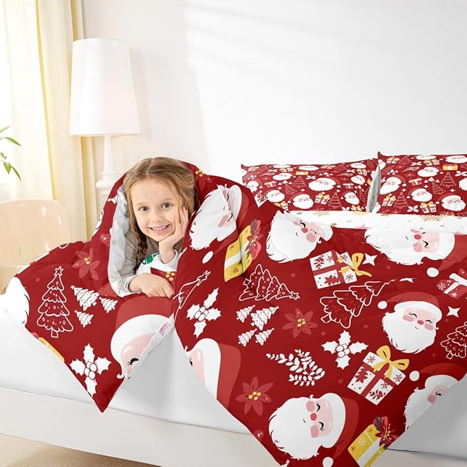 jejeloiu Santa Claus Comforter Set Queen Size Merry Christmas Bedding Set for Kids Boys Girls Xmas Themed Duvet Quilt Red Bedroom Decor