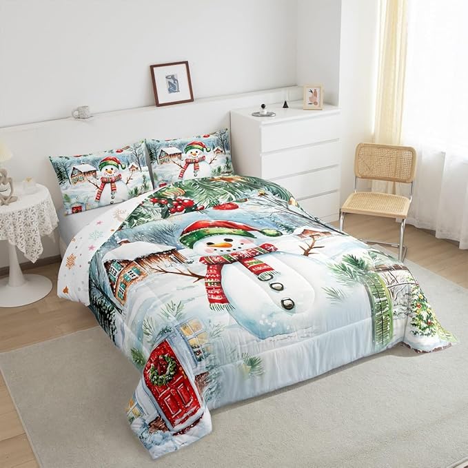 Castle Fairy Merry Christmas Comforter Set King Size,Watercolor Cute Snowman Pine Trees Bedding Set All Season Quilt Set,Xmas Cartoon Decor Natural Microfiber Polyester Down Comforter
