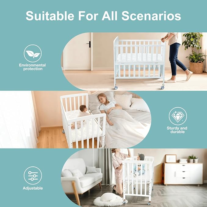 Portable Mini Baby Crib - Convertible Baby Cribs with Soft Foam Mattress(33 * 20"),6 Heights Bedside Bassinet Sleeper,Wheeled Bedside Crib Co Sleeper for Small Space,White