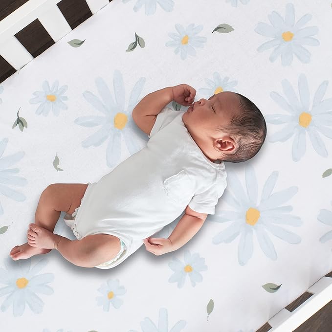Lambs & Ivy Sweet Daisy 100% Cotton White/Blue Floral Baby Fitted Crib Sheet