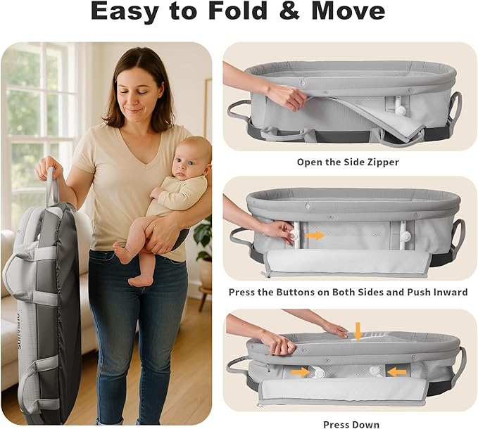 SUNVENO Handheld Portable Baby Bassinet with Removable Canopy, Foldable Travel Cradle, 6 Carry Handles, Breathable Mesh & Water-Resistant Base, Newborn Indoor/Outdoor Travel Bed