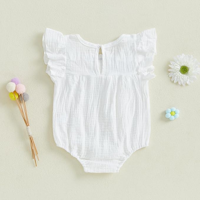 Gaono Newborn Baby Girl Smocked Bubble Romper Cute Boho Summer Clothes Ruffle Sleeveless Crochet Flower Vintage Bodysuit