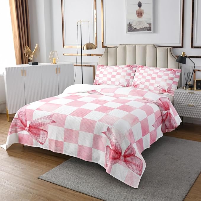 Pink Bowknot Kids Bedspread Twin Size,Geometric Grid Checkered Patchwork Fashion Coverlet Set,Girls Women Room Decor,Bow Tie Knot Princess Quilted Coverlet,Chic Unique Bedding Quilt,1 Pillowcase