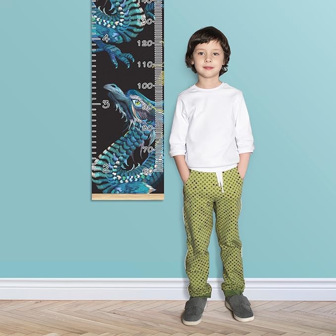 Personalized Kids Name Growth Chart Ruler for Wall Wood Frame Height Measure Chart 13.4x56 in Linen Hanging Height Growth Chart Retro Blue Dragon Kids Room Decor
