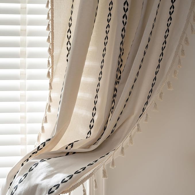 Deeprove White and Black Boho Curtains 63 inches Length for Living Room Bedroom Nursery, Aztec Chic Bohemian 63 inches Long Damask Stripe Embroidery Privacy Window Fringe Decor W52 x L63, 1 Panel