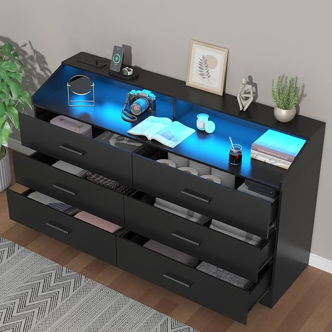 6 Drawer Dresser with Power Outlet, Chest of Drawers with LED Light, Modern Dresser with Open Storage Cubby, Double Wide Dressers Organizer for Bedroom, Living Room, Entryway, Hallway