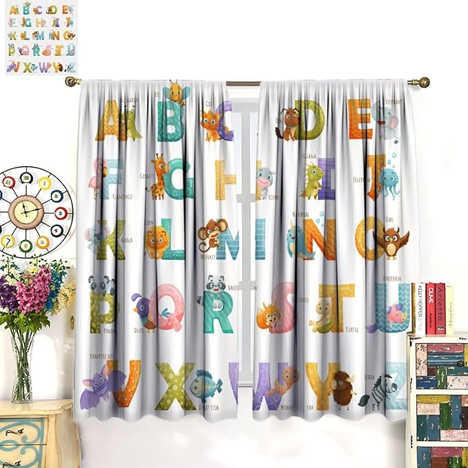 Kids Alphabet Curtains Educational Baby Cartoon Animals Colorful Cute Curtain with Rod Pocket for Nursery Living Room Home Decor Drapes Window Treatments 2 Panels Set 55x63in