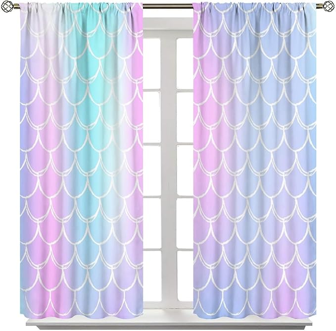 Fantasy Mermaid Curtain Rainbow Mermaid Scales Purple Pink Blue Ocean Theme Dream Blackout Window Treatment for Kids Boys Girls Bedroom Nursery Room Decor Rod Pocket Window Drapes 55x63in