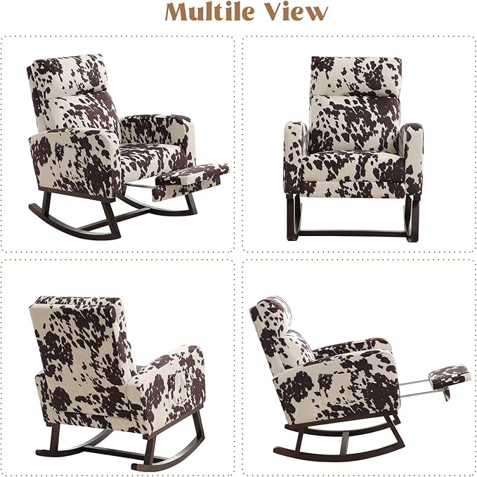 Rocking Chair Nursery with Foot Rest, Nursing Rocking Chairs for Mom Nursery, Rocker Glider with High Backrest for Living Room, Bedroom, Cow Printed