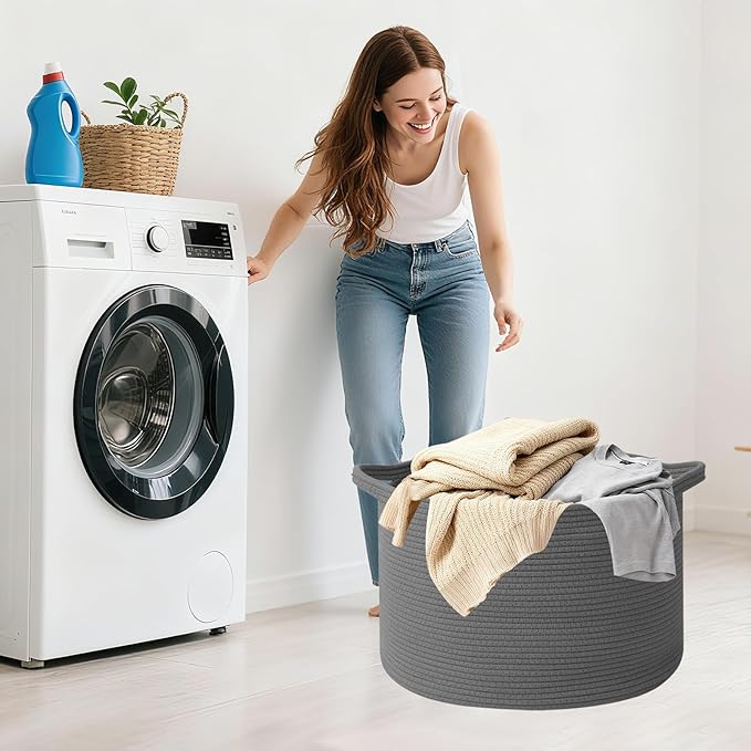 Large Blanket Basket for Organizing,115L Closet Organizers and Storage Bins Box for Shelves Woven Rope Storage Baskets,Living Room,Bedroom,Dorm,Laundry room (Dark Grey)