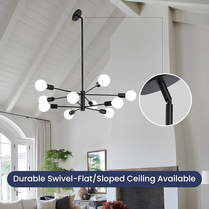 Modern Sputnik Chandeliers Light, 10-Light Black Chandeliers for Dining Room, E26 Height Adjustable Chandelier Ceiling Lighting Fixture for Farmhouse Kitchen Island Living Room Foyer