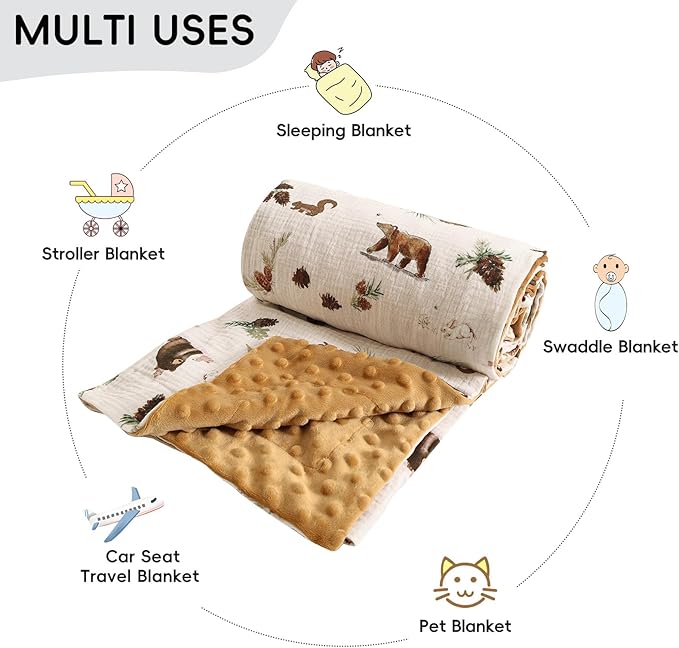 david's kids Muslin Minky Baby Blanket for Boys with Muslin Cotton Front and Dotted Fleece Backing, Breathable and Soft Lightweight Receiving Blanket for Newborns, 40x50 Inches, Woodland Animals