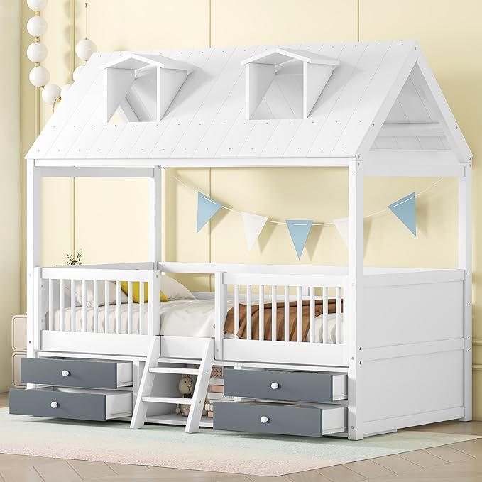 Merax Wood Montessori House Bed Frame with Roof and Windows for Boys Girls Teens, Twin Kids Playhouse Bed with Guardrails and Storage Drawers for Children's Room, Bedroom, Wood Slats Support, White