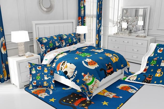 Erosebridal Merry Christmas Kids Cartoon Bedding Set Twin Size Cute Cat Comforter Set Xmas Tree Quilts for Teens Boys Girls Room Decor,Kawaii Animals Duvet Insert,Blue