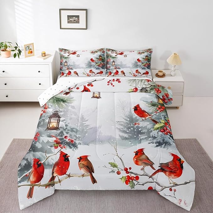 jejeloiu Kids Red Cardinal Comforter Set Full Size Christmas Theme Bedding Set for Boys Girls Teens Xmas Birds Winter Country Woodland Animal Duvet Quilt Room Decor