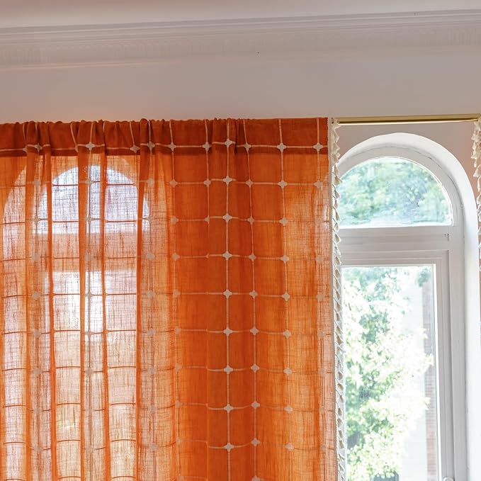 Deeprove Boho Curtains 63 Inches Long for Bedroom Living Room, Cotton Linen Plaids Textured Semi Blackout Bohemian Farmhouse Fall Window Treatment Grids Drape Tassels, 1 Panel W52 x 63, Burnt Orange