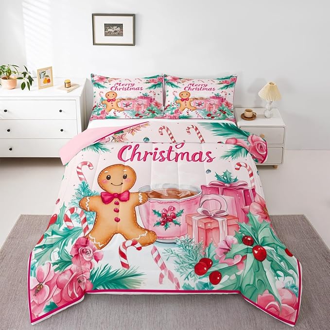 Feelyou Gingerbread Man Kids Comforter Set Queen Size Merry Christmas Bedding Set Christmas Decor Duvet Quilt for Kids Boys Girls Bedroom Xmas Decor Microfiber Ultra Soft Breathable