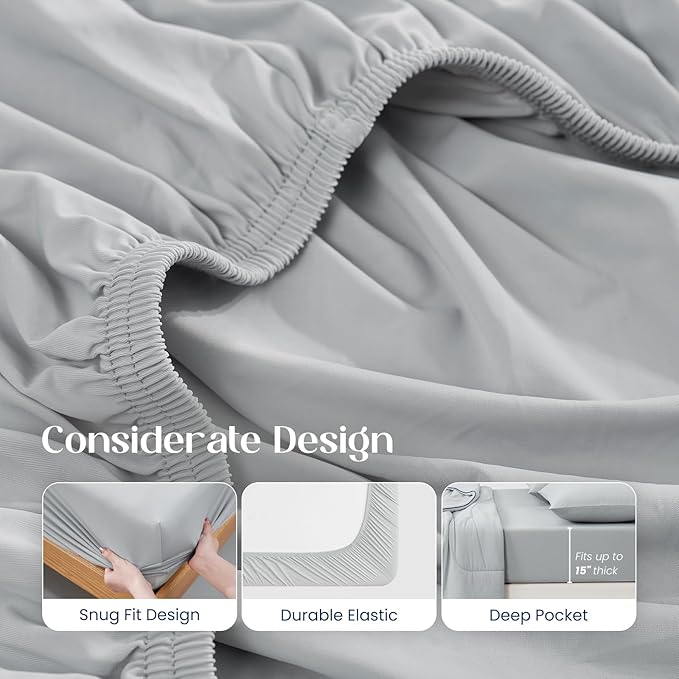 Dream Valley® Queen Sheet Set, Cooling Fitted Sheet with 2 Pillowcase-3 PCS with No Flat Sheet,Q-Max > 0.4 Aerocool, Cooling for Night Sweats, Hot Sleepers,deep Pocket up to 15",Cool Grey