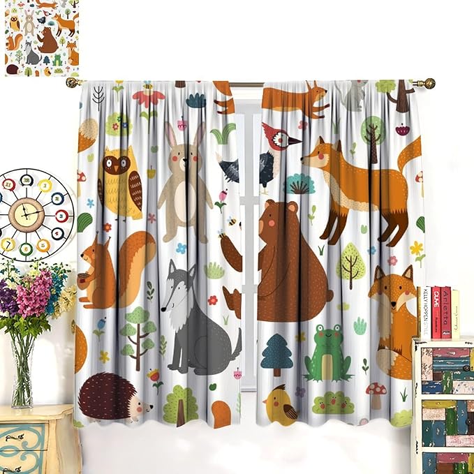 Kids Safari Animals Curtains, Baby Boy Girl Rustic Woodland Printed Cartoon Forest Window Treatments for Bedroom Living Room Nursery 2 Panels Sets, 72x63 Inch
