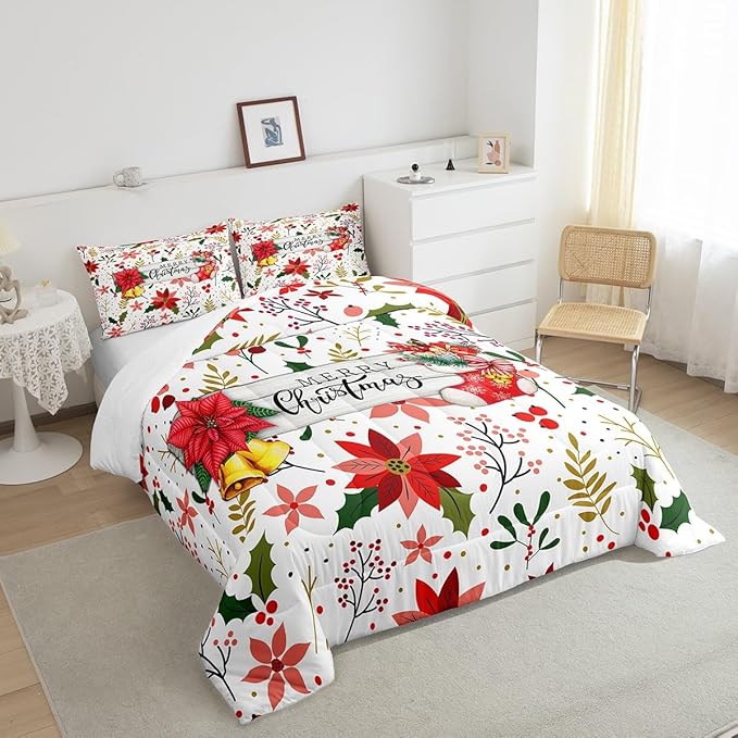 Castle Fairy Merry Christmas Full Size Comforter Set,Red Xmas Flowers Berry Leaves Plant Bedding Comforters Bedroom Collection,Floral Themed Bell Socks Print Bedding Set for Girls Teens