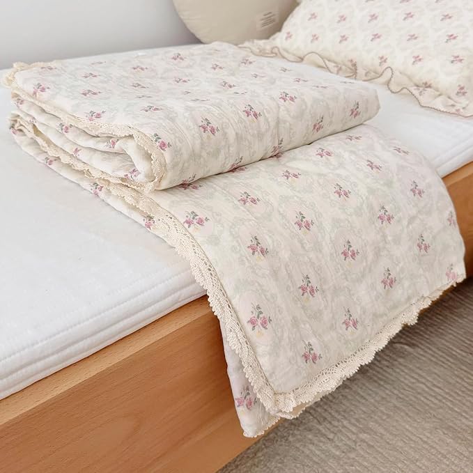 BuLuTu Vintage Princess Style Pink Floral Girls Kids Quilt, Muslin Children Bed Blanket Soft Lightweight Toddler Girls Comforter with Lace Edges, 60"x78",Begonia Print, Machine Wash