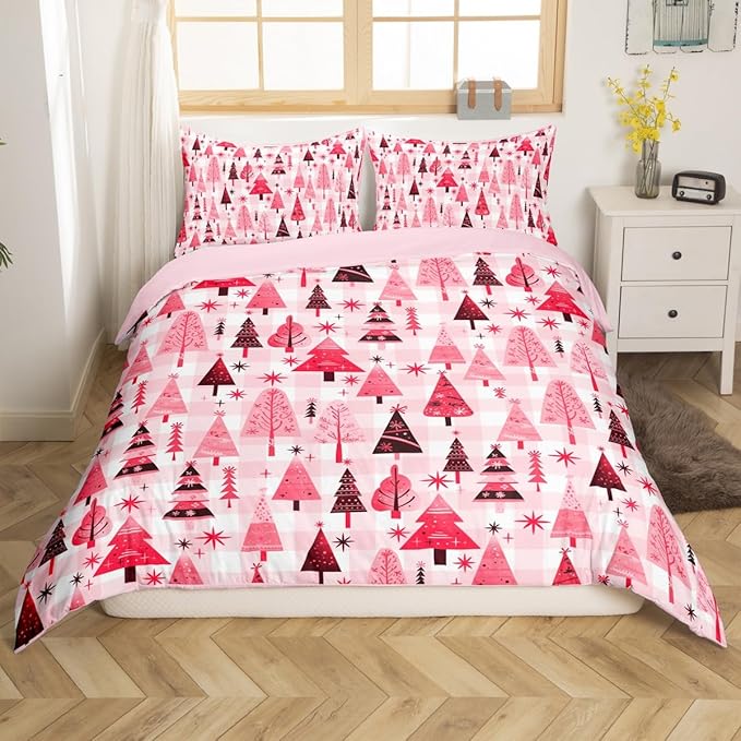 Manfei Cartoon Tree Duvet Cover Set Queen Size, Christmas Theme Bedding Set 3pcs for Kids Girls Adults, New Year Pink Plaid Comforter Cover Soft Polyester Quilt Cover with 2 Pillowcases,No Comforter