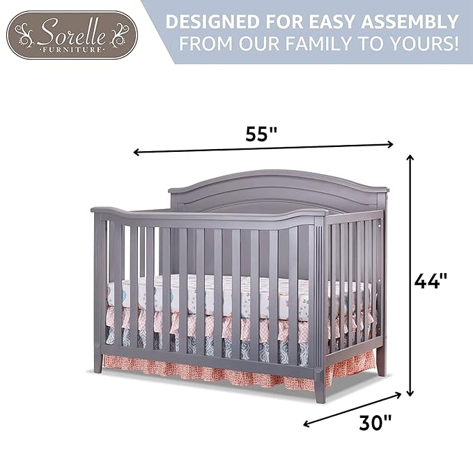 SORELLE FURNITURE Berkley Round Top Crib, Classic 4-in-1 Convertible Crib, Made of Wood, Non-Toxic Finish, Wooden Baby Bed, Toddler Bed, Child’s Daybed and Full-Size Bed, Nursery Furniture-Gray