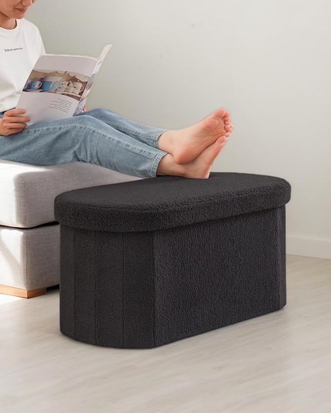 30" Oval Foldable Ottoman with Storage, Teddy Boucle Fabric Footrest, Storage Bench for Living Room, Bedroom, Entryway, Dorm, Darkgrey