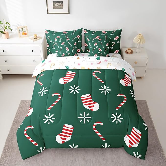 Merry Christmas Kids Bedding Set Xmas Theme Comforter Set with Sheets for Boys Girls Christmas Stockings Snowflake Decor Bed in a Bag Green Pink Xmas Theme Bed Set 7Pcs Queen Size