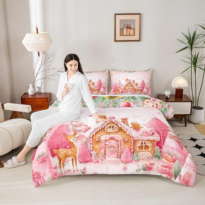 jejeloiu Kids Christmas Theme Comforter Set King Size Cute Deer Gingerbread Man Bedding Set for Boys Girls Teens Pink Xmas Tree Candy House Winter Snowflake Duvet Quilt Room Decor