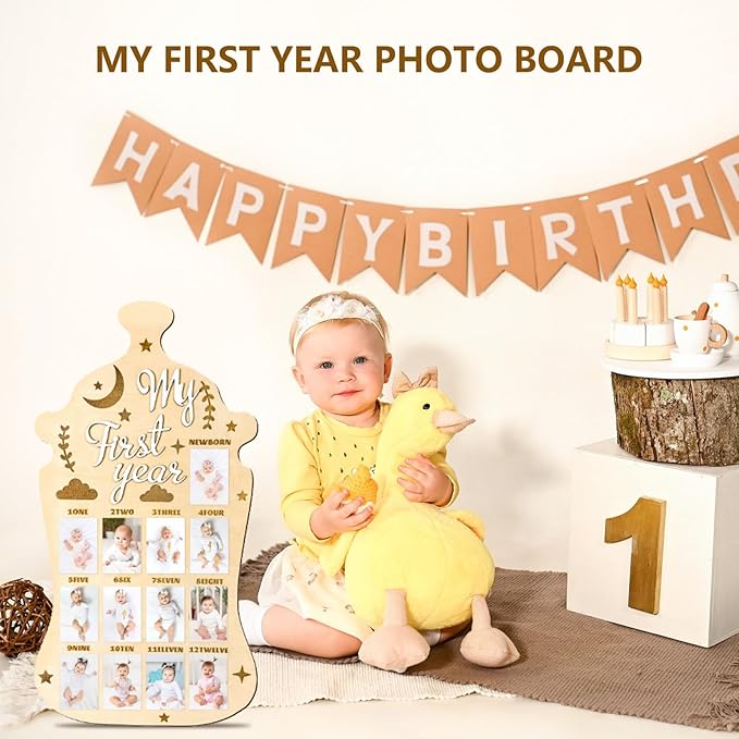 My First Year Photo Board, 2-Pack Wooden Milk Bottle Shape Baby Milestone Frame with 2 Nails Each, 17.3x9.4 Inch
