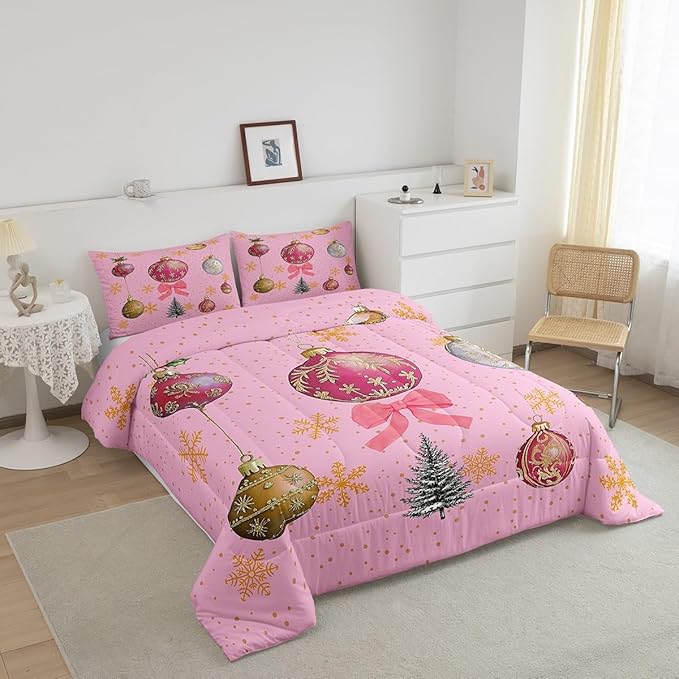 Erosebridal Merry Christmas King Bedding Sets Xmas Tree Comforter Sets Kids Snowflake Happy New Year Down Comforter for Boys Girls Pink Bownot Decor Bed Set