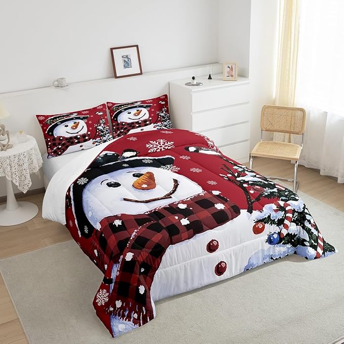 Feelyou Kids Christmas Theme Decorations Bedding Set Xmas Snowman Comforter Set for Boys Girls Red Bedroom Collection King Size