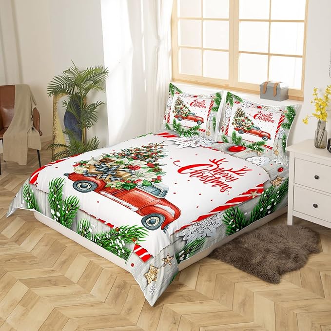 Christmas Kids Bedding Set Christmas Tree Racing Car Duvet Cover for Boys Children Teens Bedroom Decor Snowflake Xmas Theme Comforter Cover Set New Year Bedspread Cover King Size with 2 Pillow Case