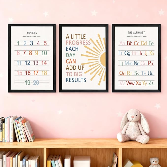 3 PCS Alphabet Numbers Framed Playroom Wall Decor,Classroom Must Haves,A Little Progress Each Day Boho Educational ABC Poster Wooden Sign for Baby Girl Kid Boy Toddlers,Neutral Preschool English Letters Nursery Decor for Homeschool Kindergarten Kids Le...