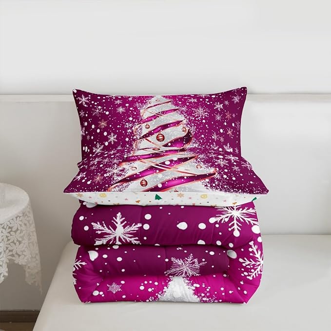 Feelyou Merry Christmas Bedding Set Soft for Boys Girls, Christmas Tree Comforter Set Queen Size Snowflake Duvet Quilt Microfiber Winter Bedroom Decor 3 Pcs with 2 Pillow Cases