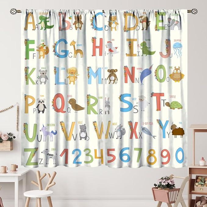 Kids Alphabet Curtains Funny Letter Education Cute Cartoon Animal Printed Curtain with Rod Pocket for Bedroom Living Room Home Decor Drapes Window Treatments 2 Panels Set 52" W X 84" L