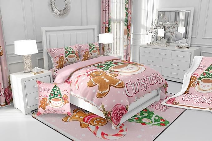 Feelyou Merry Christmas Comforter Set Twin Size Gingerbread Man Bedding Set for Kids Boys Girls Xmas Duvet Quilt Christmas Decor Bedroom Decor Microfiber 2 Pcs with 1 Pillow Cases