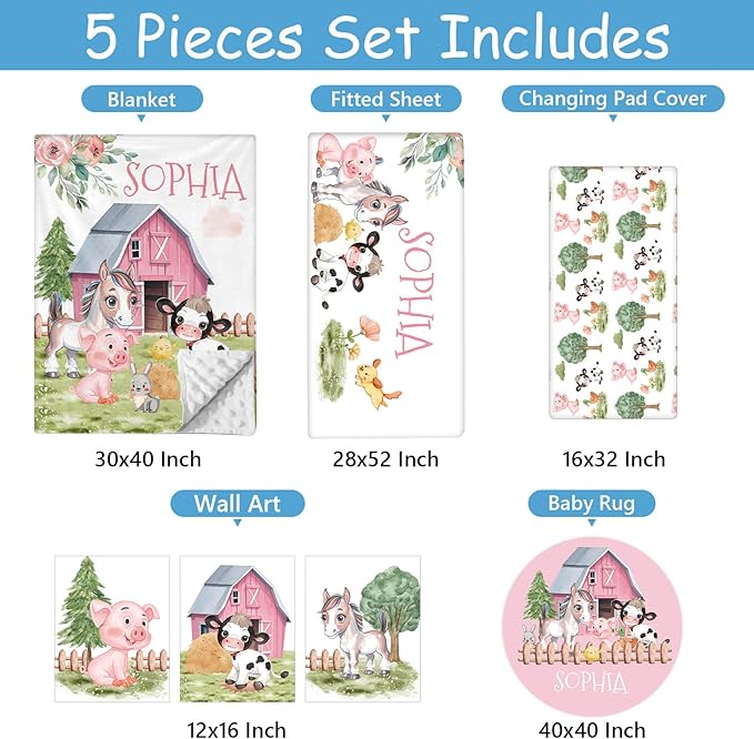 Personalized Baby Crib Bedding Set, 5 Pcs Custom Name Nursery Bedding Set for Baby Boys Girls, Farm Animals Crib Set, Double Layer, Toddler Crib Bedding, Infant Newborn Customized Gifts