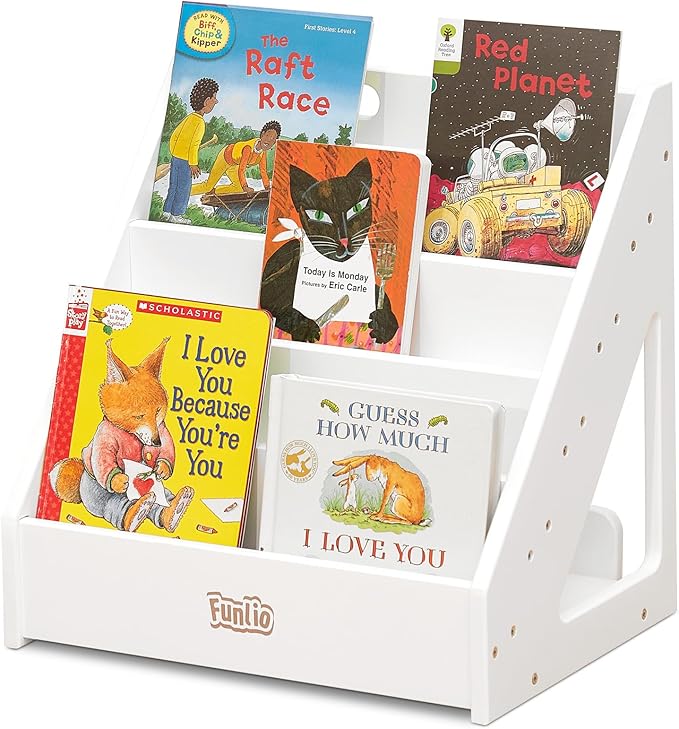 FUNLIO Montessori Bookshelf for Toddlers 1-5 Years, Front-Facing Kids Bookcase with Handle & Anti-Tilting Device, Premium Pine Baby Bookshelf, Children's Bookcase for Nursery/Classroom - White