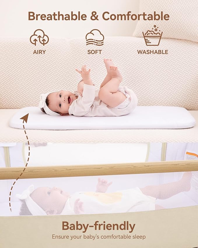 Larex Baby Bassinet, Baby Bassinet Bedside Sleeper with Storage Basket and Wheels, Height Adjustable Portable Crib for Newborn Infant, Easy Assemble and Folding(Khaki)