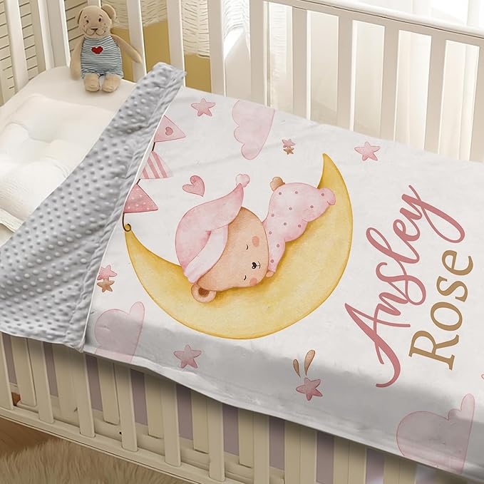 Personalized Baby Blanket for Girls, Custom Name Blanket for Newborn Toddler, Soft Flannel with Double Layer Dotted Backing, Gifts for Baby Shower Christmas Birthday, Pink Moon Bear(60" x80)