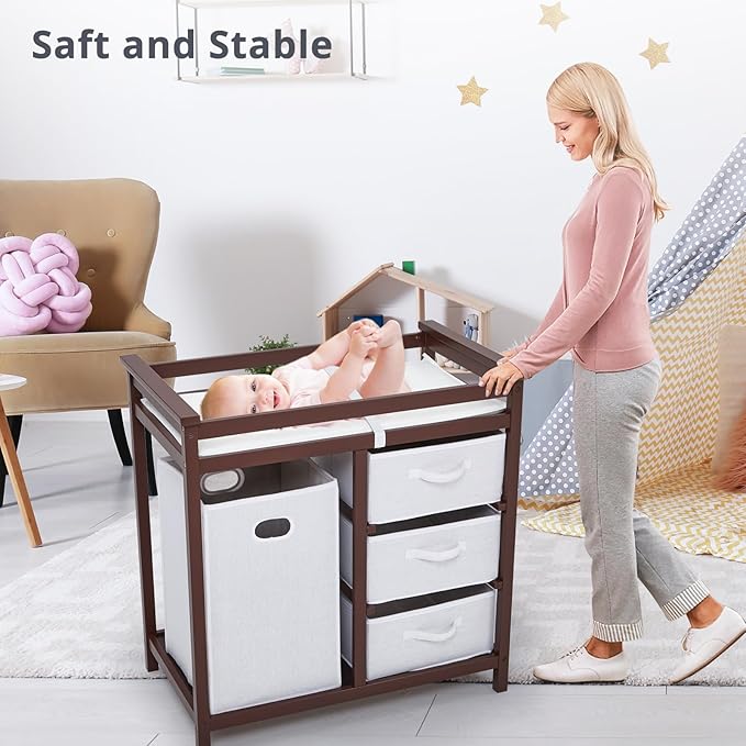 Wooden Baby Changing Table, Modern Diaper Changing Table, Infant Diaper Station Dresser with Laundry Hamper, 3 Drawer Basket- Storage Organizer for Baby Clothes, Diapers & Toys